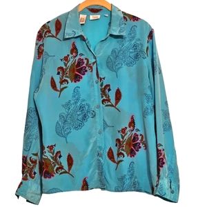 Ishyu Vintage 100% silk  turquoise buttondown Blouse Size M
